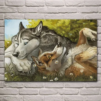 Vilkų pora gyvūnų kūrinys, romantiška nuotaika kambarį apdaila namo sienos meno dekoro medžio rėmo audinio plakato spauda EX393