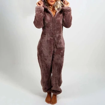 Vilnos Tirštėti Hoodied Šiltas Moterų Onesie Plius Aksomo Užtrauktukas Ilgomis Rankovėmis Ponios Pižama 2020 M. Žiemos Atsitiktinis, Kietas Moterų Homewear