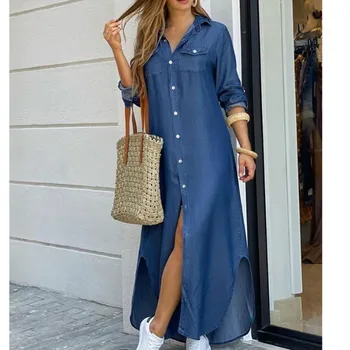 Moterys vasarą Laiškas Išspausdintas Džinsinio Maxi Suknelė 2020 M. Pavasarį Long Sleeve V-veck Paplūdimio Boho Namų Laisvalaikio Prarasti Suknelė