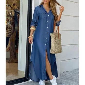 Moterys vasarą Laiškas Išspausdintas Džinsinio Maxi Suknelė 2020 M. Pavasarį Long Sleeve V-veck Paplūdimio Boho Namų Laisvalaikio Prarasti Suknelė