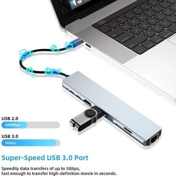 Tebe USB Tipo C Hub Su 4K RJ45 HDMI USB 3.0 SD/TD Kortelių Skaitytuvas PD spartusis įkrovimas 8-in-1 Daugiafunkcį Adapteris, Skirtas 