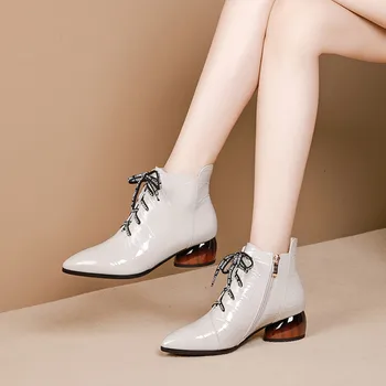 MLJUESE 2020 moterų batai karvės odos pažymėjo tne žiemos trumpas pliušinis nėrinių languotas turas kulniukai moterų batai dydis 34-42