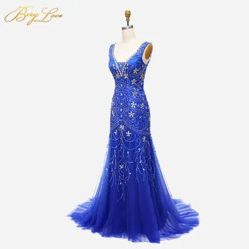 Elegantiška, Undinėlės Vakarinę Suknelę Sandėlyje Tamsiai Tamsiai Mėlyna Bridesmaid Suknelė Plius Dydis Kristalų Duobute Vestuvės Suknelės