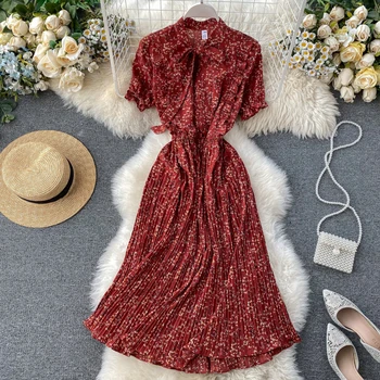 2020 Metų Vasaros Lankas Raukiniai Gėlių Spausdinti Suknelė Moterims, Ilgą Šifono Suknelę, Plisuotos Paplūdimio Elegantiška Vintage Suknelės, Šaliai, Vestidos P577