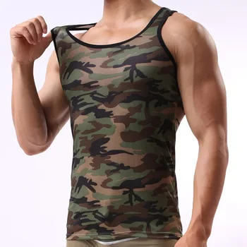 Vyrai Undershirts Kamufliažas Spausdinti Seksualus Ultra-plonas Vien Berankoviai Marškinėliai Skaidrus Fitneso Camiseta Seksualus Hombre tankų