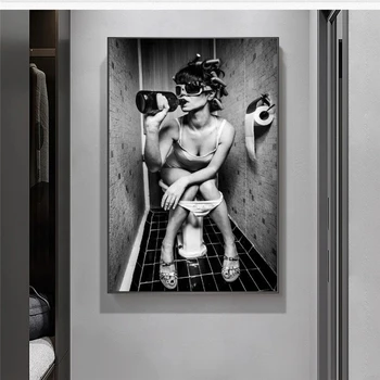 Sexy Mergina Sėdi Tualete, Drobė Menas, Plakatų ir grafikos Juoda ir Balta Drobė Paveikslų ant Sienos Vonios kambarys Cuadro Nuotraukas