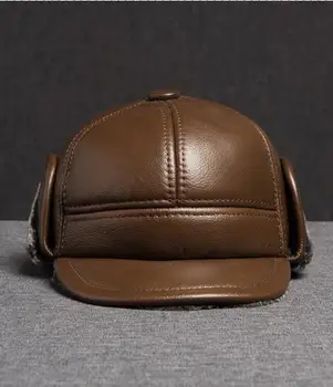Žiemos Beisbolo Kepurės Vyrams Rudas Šiltas Bombonešis Skrybėlę Su Earflaps Kailio Originali Karvės Odos Prabangos Prekės Snapback Kepurės