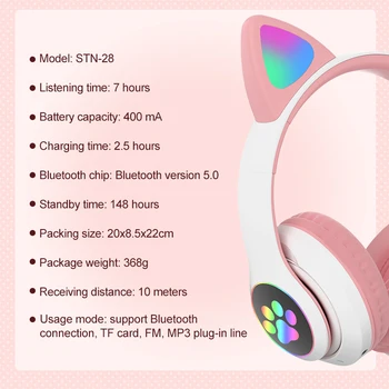 LED Kačių Ausų Ausines Bluetooth 5.0 Triukšmo Panaikinimo Suaugusiems Vaikams Mergina laisvų Rankų įranga Parama TF Kortelę FM Radijas Su Mic MP3 Funkcija