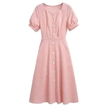 Moterų Pavasario Vasaros Stilius Moterų Suknelė su V-Kaklo Pledas Mygtuką Jaunatviškas Pink-Line Elegantiškas Temperamentas Ponios Suknelė SS3122