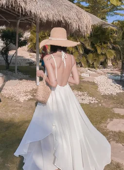 Cotday 2020 Naujas Vasaros Sala Diržas Berankovė Baltos Šviesos Backless Puoštas Moterų Paplūdimio Suknelė O-Kaklo Prarasti Atsitiktinis Moterims