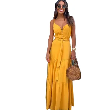 2021 Elegantiškas mygtuką moterų suknelė Condole diržas V kaklo geltonas medvilnės midi suknelė Vasaros atsitiktinis moterų plius dydžio panele paplūdimio vestidos