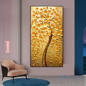 Modernios Naftos Tapyba Atspausdinta ant Drobės Aukso Geltonos Turtingas Medis, Gėlių, Augalų Menas, Plakatų ir grafikos Sienos Nuotrauka už Kambarį
