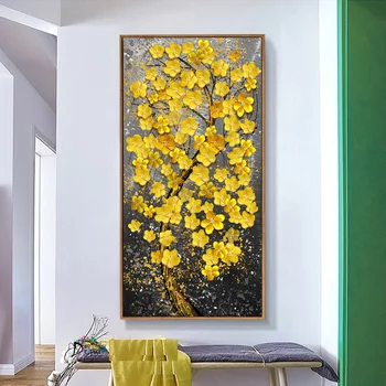Modernios Naftos Tapyba Atspausdinta ant Drobės Aukso Geltonos Turtingas Medis, Gėlių, Augalų Menas, Plakatų ir grafikos Sienos Nuotrauka už Kambarį