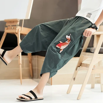 Medvilnės Skalbiniai Haremo Kelnės 2021 M. Vasarą Harajuku Track Kelnės Vyrams Žuvų Siuvinėjimo Poilsiu Korėjos Mados Atsitiktinis Kelnės Streetwear