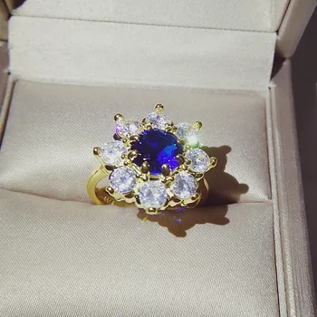 Prabanga Moterų Ponios Mėlynas Apvalus Akmuo Derliaus Žiedas Geltonas Auksas Cirkonis Piršto Žiedą Žada Vestuvių, Sužadėtuvių Žiedai Moterims