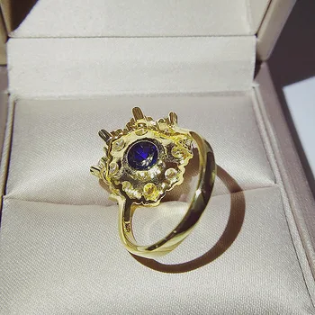 Prabanga Moterų Ponios Mėlynas Apvalus Akmuo Derliaus Žiedas Geltonas Auksas Cirkonis Piršto Žiedą Žada Vestuvių, Sužadėtuvių Žiedai Moterims