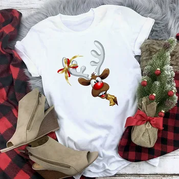 Naujas Santa Claus ir Elnių marškinėliai moterims mados Kalėdų Harajuku marškinėliai Balti, Tinkamas visais metų laikais Marškinėlius Viršūnes drabužiai