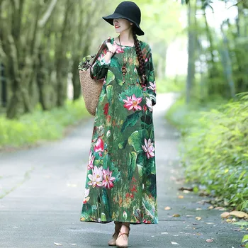 Moterų Medvilnės Skalbiniai Ilga Suknelė Nauja 2021 M. Pavasario Menų Stilius Derliaus Gėlių Spausdinti Laisvi, Patogūs Moterų Atsitiktinis Maxi Suknelės S3178
