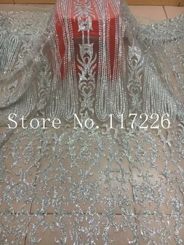 Karšto pardavimo JRB-52718 afrikos blizgučiai nėrinių audinys, sidabro populiarus prancūzų ju nėriniai su klijuojami blizgučiai mados suknelė