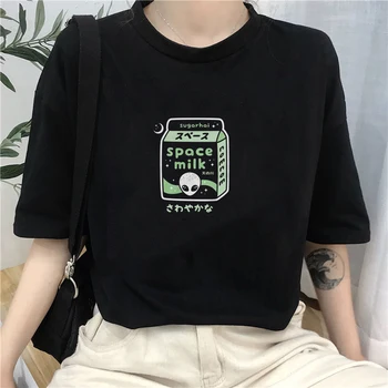 Svetimų Vietos Pieno Moterų Tshirts Unisex Estetinės Harajuku Grafinis Tee Derliaus Pastelinių Goth Negabaritinių Marškinėliai Tumblr Drabužiai