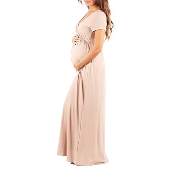 LONSANT Motinystės suknelė Moterims Kietas trumpomis Rankovėmis Suknelė Moterims Nėštumo V Apykaklės Motinystės mados Drabužių Panele ilga suknelė