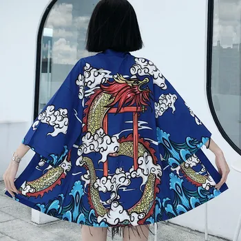 INS 2020 Naujas Mėlyna Juoda Kinų Drakonas Spausdinti Harajuku Japonų Kimono Mados Moterų 2020 M. Cardigan Palaidinė Paplūdimio Drabužiai Samurajus