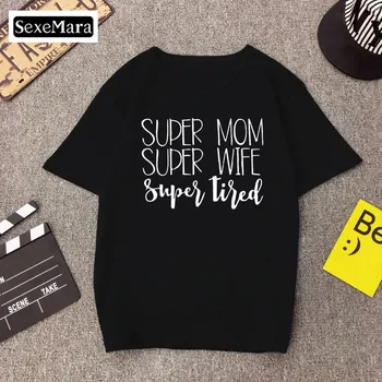 Moteriški marškinėliai Žmona Instagram Drabužių Super Mama Raidė T shirt Harajuku Mados O-Kaklo Vasaros Viršūnes Streetwear Juoda Viršų