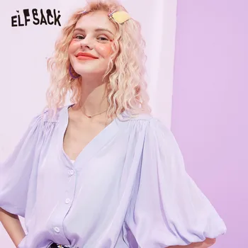 ELFSACK Rausvos spalvos, Kietos Minimalistinio Atsitiktinis Marškinėliai Moterims 2020 Metų Vasaros ELF Mėlyna Vieną Krūtinėmis Sluoksniuotos Rankovėmis korėjos Ponios Kasdien Pagrindinio Viršų
