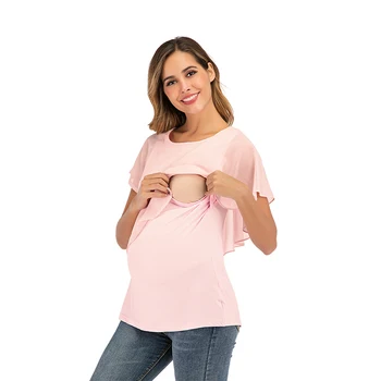 Motinystės Vasaros Drabužių Naujas Moterų Viršūnių Slaugos Aprangos, Medvilnės marškinėliai trumpomis Rankovėmis Šifono Susiuvimo Motinos Nėštumo Drabužiai