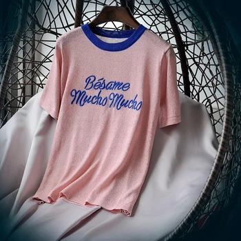Korėjos Mielas Laiškas Tee Marškinėliai Femme Hipster Harajuku Lurex Moteriški Drabužiai Kawaii Ponios Trumpas Rankovės Marškinėliai Moterims Topai B-052