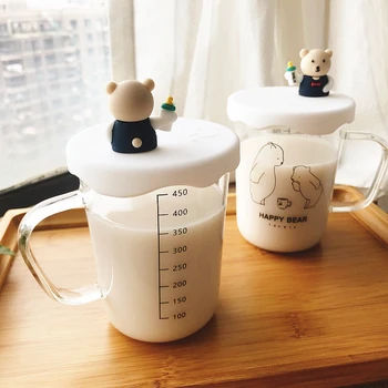 Korėjos Animacinių filmų Padengia Stiklo Vandens Puodelis Su Skale Su Dangteliu Paprasta Mielas Pieno Puodeliai su dangteliu Pusryčiai Butelis