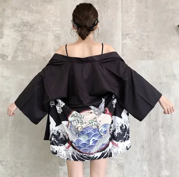 Kimono Megztinis Atsitiktinis Pusė Rankovės Laisvi Juodas Elegantiškas Ponios Japonų Kimono Mados Moterų japonų stiliaus Striukė