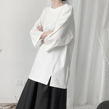 [EAM] Moterys, Balta Ventiliacijos Nesimetriškas Didelis Dydis, T-shirt Naujas Apvalios Kaklo Trijų ketvirčių Rankovės Mados Pavasario Rudens 2021 19A-a656