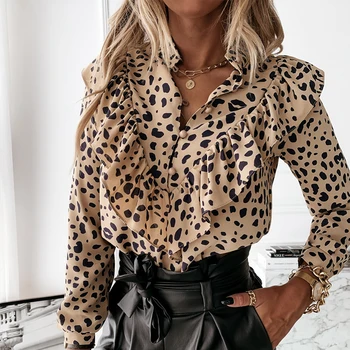 2020 Metų Moteris Rudenį Leopardas Spausdinti Raukiniai, Palaidinės, Marškinėliai Stendas Apykakle Ilgomis Rankovėmis Marškinėliai Darbo Lady Elegantiškas Prarasti Office Palaidinės, Topai
