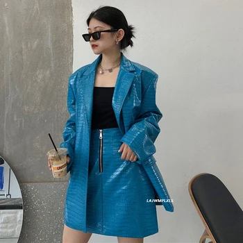 Korėjos Pavasarį, Rudenį 2020 Naujas Moterys ryškiai Mėlynos spalvos Pu Odinė striukė moterų plius Dydis kostiumas ilgomis Rankovėmis Purus kailis Mados Banga PY199