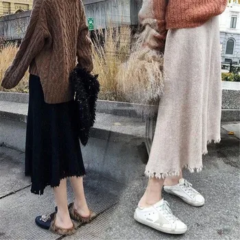 Derliaus 2020 m. Žiemos Moterys storas megztinis, sijonas, Elastinga Aukštos Juosmens Plisuotos Midi megztas Sijonas-line moterų kietas elegantiški Sijonai