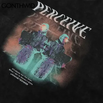 GONTHWID T-Shirts Streetwear Hip-Hop Vyrų Robotai Spausdinti Trumpas Rankovės Tees Harajuku Medvilnės Atsitiktinis Punk Rock, Gothic Nelaimę Viršūnės