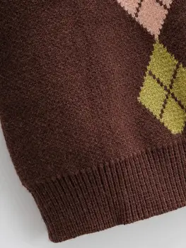 Foridol derliaus argyle megztinis liemenė moterų berankovis rudas megztas megztinis puloveriai atsitiktinis streetstyle trumpas megztinis liemenė 2020 m.