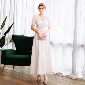 SSYFashion Naujas Baltos spalvos vakarinę Suknelę Pokylių Elegantiškas trumpomis Rankovėmis V-kaklo Perlai Duobute Šalis Oficialų Suknelė Vestidos De Noche
