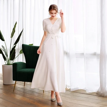SSYFashion Naujas Baltos spalvos vakarinę Suknelę Pokylių Elegantiškas trumpomis Rankovėmis V-kaklo Perlai Duobute Šalis Oficialų Suknelė Vestidos De Noche