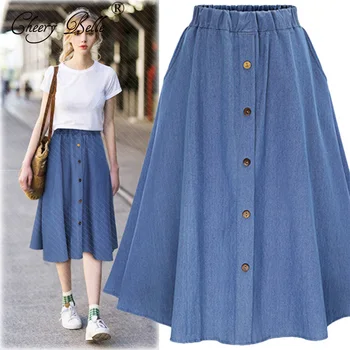 Džinsinio audinio sijonas su A-line aukštos juosmens vidutinio ilgio Jean sijonai moterų prarasti Atsitiktinis ilgas sijonas