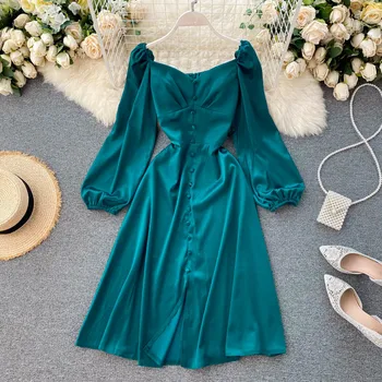 Vintage Žalia/Mėlyna Kelio ilgio Suknelė Atsitiktinis ilgomis Rankovėmis Aukštos Juosmens Single-breasted Suknelė Moterų Rudenį Naujų Mados Vestidos 2020 m.