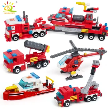 HUIQIBAO 696pcs ugniagesių Sunkvežimių Nustatyti, Statyba Blokai Miesto Ugniagesiai Pav Sraigtasparnis Valtis Plytos Vaikų Žaislas