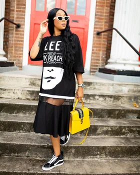 Hip-Hop T-shirt, Suknelė Moterims Harajuku Roko Ilgą Tee Naujos Pusė Rankovės Prarasti Viršūnes Šokių Spalvos Blokas Streetwear Tiesiai Prarasti Suknelė