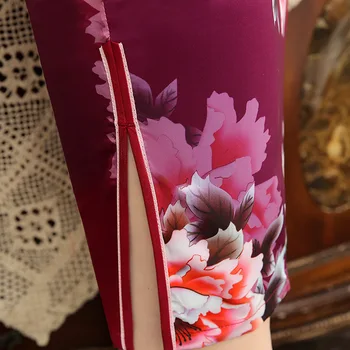 Sheng Kokosų Ponios Viskozė Cheongsam Suknelės Vyno Raudona Trumpas Qipao Derliaus Cheongsam Vestidos Elegantiškas Plonas Plius Dydis Spausdinti Chipao