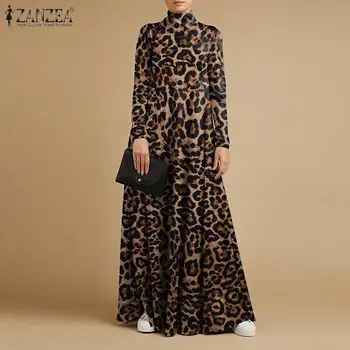 5XL Mados Leopardas Spausdinti Ilgos Suknelės Moterims, Baggy Derliaus Sundress ZANZEA Atsitiktinis Golfo Visą Rankovės Vestidos Atostogų Skraiste