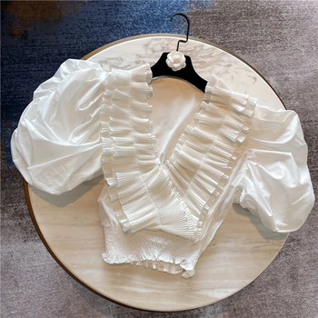 TWOTWINSTYLE Elegantiškas Prarasti Moterų Marškinėliai V Kaklu Sluoksniuotos Trumpa Tunika Kratinys Raukiniai Palaidinė Už Femlae Drabužių 2020 M. Pavasario Mada