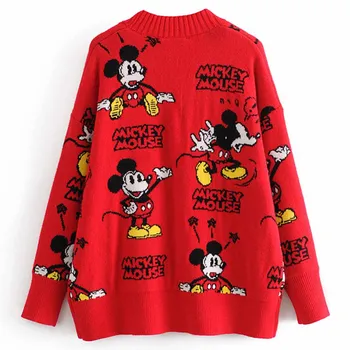 Disney Stilingas Mickey Mouse Animacinių filmų Spausdinti V-Kaklo Megztinis Single-breasted Streetwear Raudona Moterų Megztinis Megztas ilgomis Rankovėmis Viršūnes