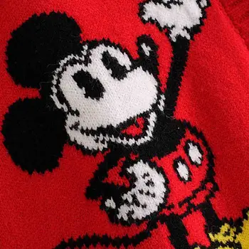 Disney Stilingas Mickey Mouse Animacinių filmų Spausdinti V-Kaklo Megztinis Single-breasted Streetwear Raudona Moterų Megztinis Megztas ilgomis Rankovėmis Viršūnes