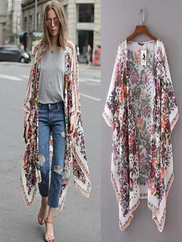 Moterims Gėlių Spausdinti Šifono Prarasti Skara Kimono Megztinis Viršuje Padengti iki Marškinėliai Palaidinė blusas mujer de moda 2020 m.